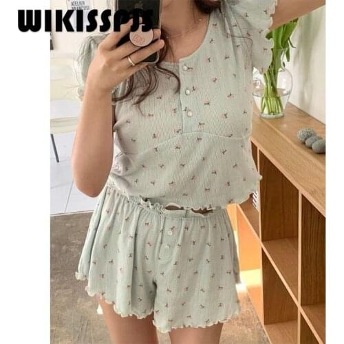 2021 Summer New Ins Floral Short Sleeve Casual Wave Edge Home Wear Suit Women Pajama Set Women Womens Two Piece Sets