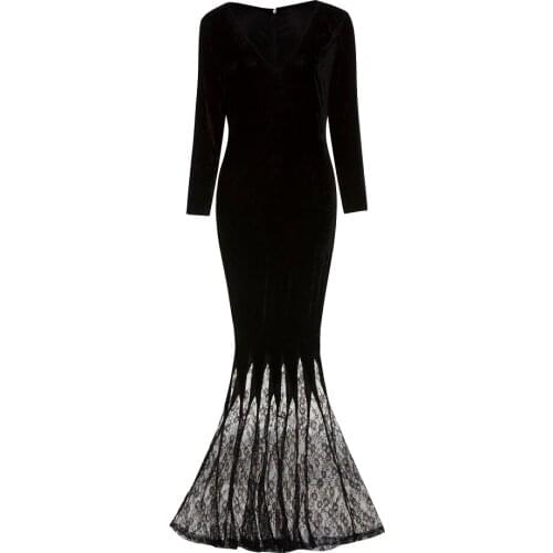 Female Horror Maxi Lace Floor Dress Mermaid Outfit for Women Morticia Addams Cosplay Halloween Costume Sexy Gothic Wicked Witch