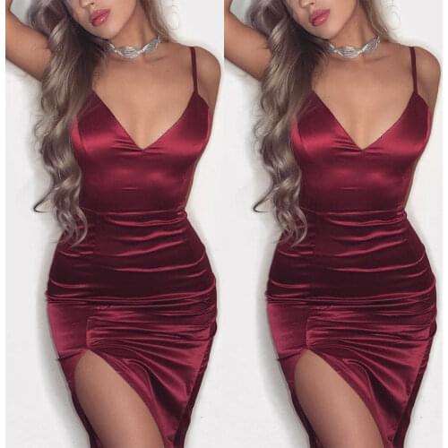 Womens Silk Satin Dress V-Neck Sleeveless Split Solid Color Bandage Bodycon Party Solid Color Polyester Mini Dress