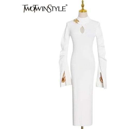 TWOTWINSTYLE White Patchwork Chain Slim Dress For Women Stand Collar Long Sleeve High Waist Midi Knitted Dresses Female Fashion