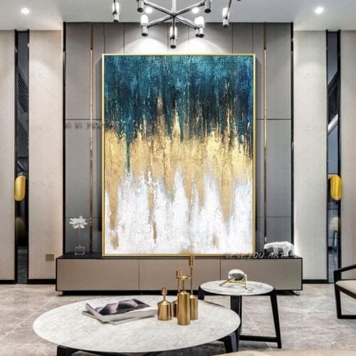 100% Handmade Abstract Oil Painting On Canvas Gold Foil Blue and White Minimalist Modern Wall Art Decorative For Living Room