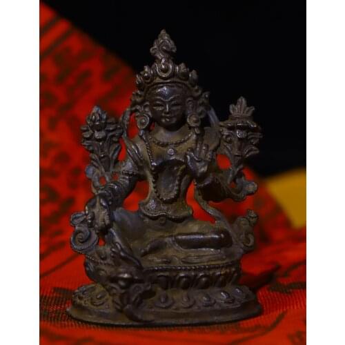 2"Tibet Temple Collection Old Bronze Green Tara Guanyin Bodhisattva statue Sitting Buddha Enshrine the Buddha