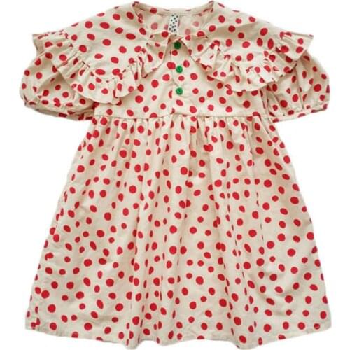 2021 Summer Girls Dress Puff Sleeve Polka Dot Print Red Kids High Waist Loose Dress Hiking