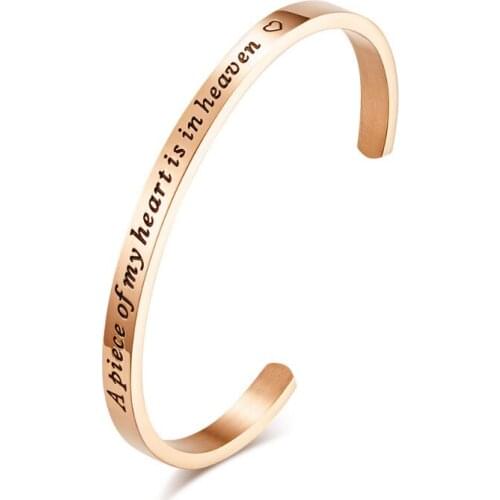 A piece of my heart is in heaven Engraved 5MM Width Inspirational 316L Stainless Steel Bracelet Bangle Stamped Mantra Bracelet