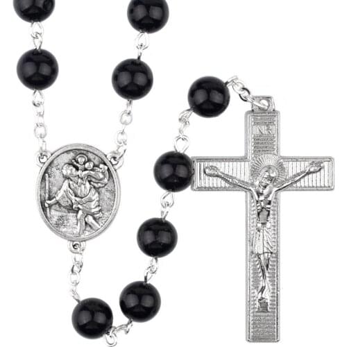 Black Agate 8mm Beads Gardian Angel Cross Necklace St Christopher Religious Catholic Rosary