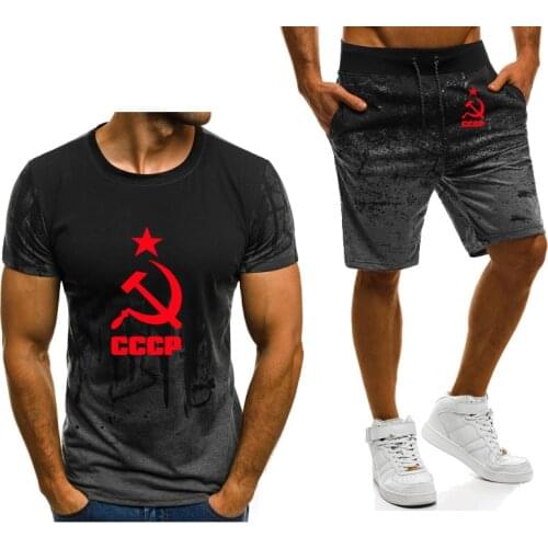 Mens T-shirt set summer new CCCP Russia Union Soviet Union 3D printing gradient short-sleeved shorts 2-piece sportswear running