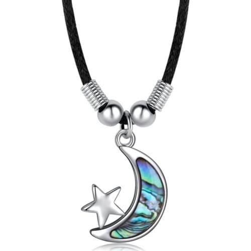 FYSL Silver Plated Crescent Moon and Star Abalone Shell Pendant Rope Chain Necklace Classic Style Jewelry