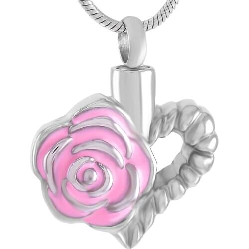 IJD9313 Pink Rose Flower Heart Cremation Urn necklace to hold ashes Keepsake Memorial Pendant Jewelry For Women- Stainless Steel