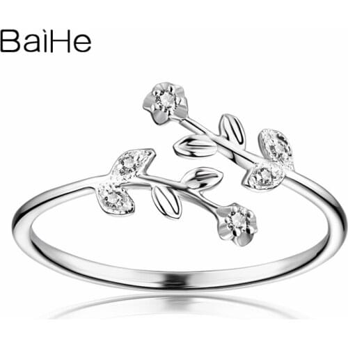 BAIHE Solid 14k White Gold Women Diamonds Engagement Ring Flower Leaf Wedding Women Anniversary Valentines day Birthday