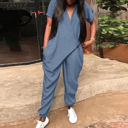 2021 Summer Denim Blue Jumpsuits ZANZEA Fashion Harem Overalls Women V Neck Short Sleeve Rompers Female Playsuit Pantalon Pants