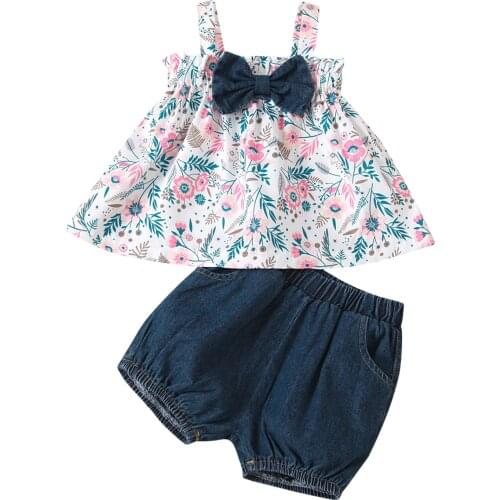 2Pcs Fashionable Little Girls Outfit Children Summer Sweet Style Floral Plant Printing Sleeveless Suspender Top + Shorts Set