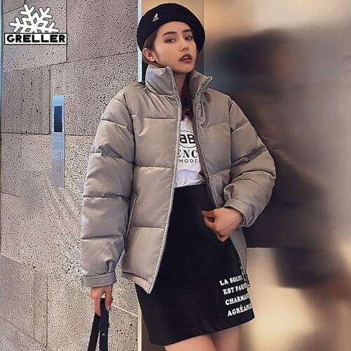 GRELLER Winter Women Parkas Coat 2020 Casual PU Warm Stand Collar Padded Jacket Female Solid Outwear Snow Winter Jacket Women