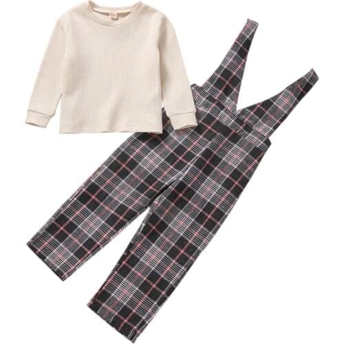 1-6Y Fashion Toddler Baby Girls Clothes Sets Autumn Solid Long Sleeve Pullover Tops Plaid Suspenders Pants 2pcs