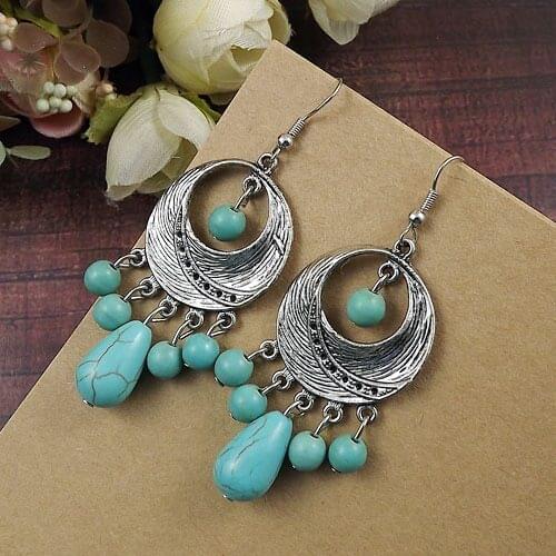 Fashion Women Jewelry Wholesale Vintage Bohemian Style Tibetan Silver Color Carving Long Section Big Round Beads Women Earring
