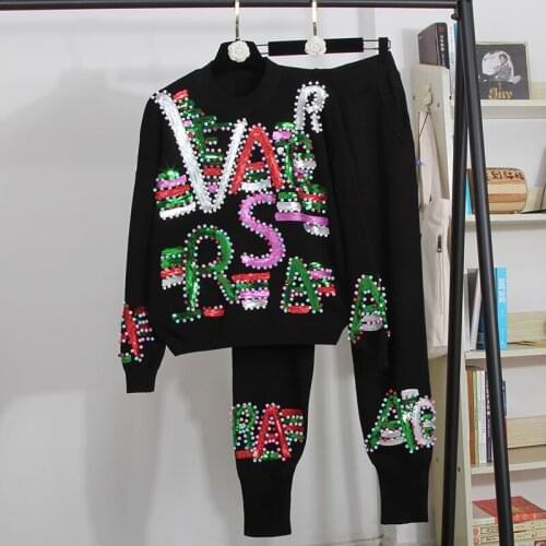 Fashion Black White Beading Letter Sequins Knitted Tracksuit Women Outfits Korean Loose Knit Sweater Pants Set Female Streetwear