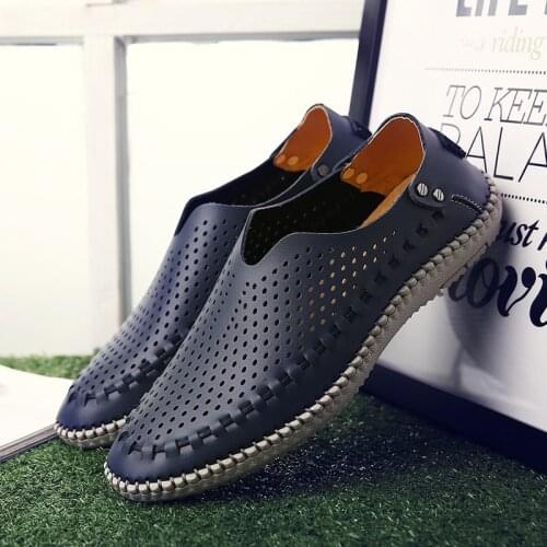Men Casual Shoes Fashion Summer Genuine Leather Mens Loafers Moccasins Outdoor Flats Hollow Out Breathable Slip on Driving Shoes