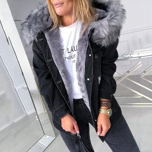 New Winter Thick Warm Denim Jackets Womens Casual Long Sleeved Fur-Trimmed Collar Hood Denim Solid Color Coats Plus Size