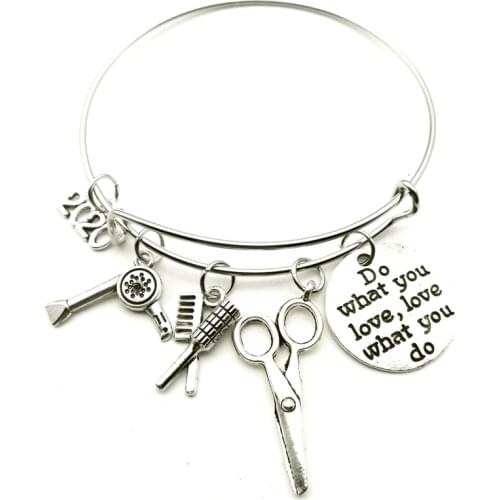 2020 New You Love, Love What You Do Fashion Hairdressing Supplies Hair Dryer Scissors Steel Bracelet Female Jewelry Gift