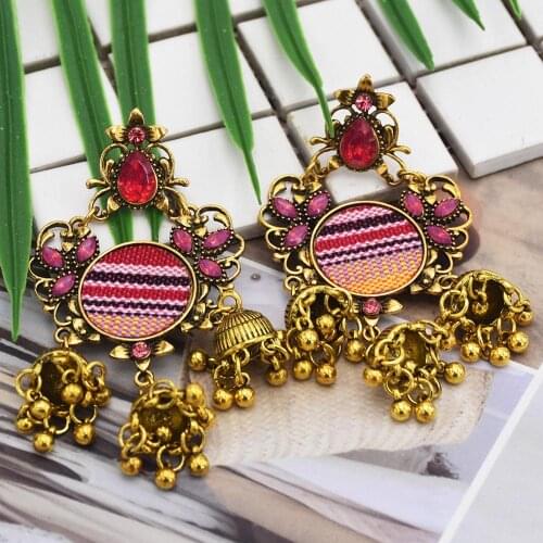 New Bohemian Gold Color Rhinestone Earrings National Style Retro Gold Earrings For Women Alloy Bell India Pendant Earrings