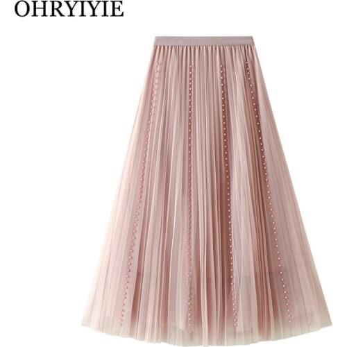 OHRYIYIE 2021 New Summer Pink Tulle Skirt Womens Chic Beading Pleated Skirt Female High Waist Party Midi Long Maxi Skirt Lady