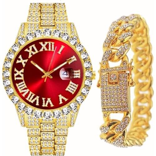 Full Iced Out Bracelet Men Bling Miami Cuban Chain Rhinestone Iced Out Watch for Men Jewelry Hip Hop Luxury Gold Watch Men Women
