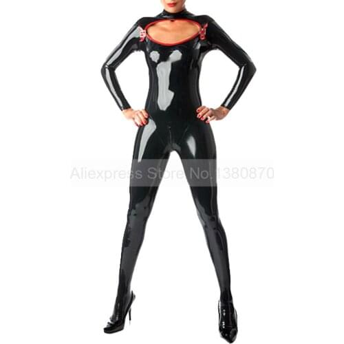 Sexy Women Black and Red Latex Open Bust Bodysuit Rubber Catsuit Fetish Gay Costume Plus Size Custom Made S-LC351