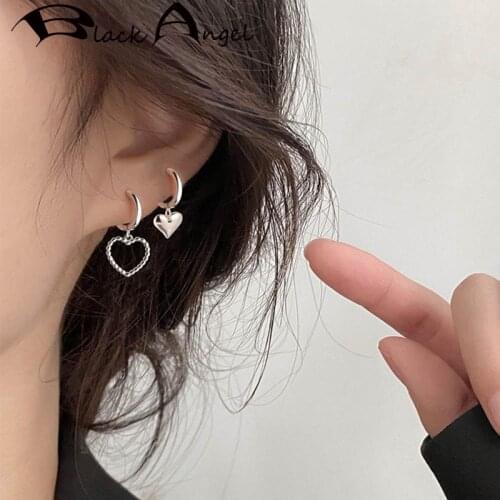 BLACK ANGEL 925 Sterling Silver Asymmetry Earrings Trendy Elegant Simple Vintage Hollow Love Heart Stud Letter Ear Jewelry