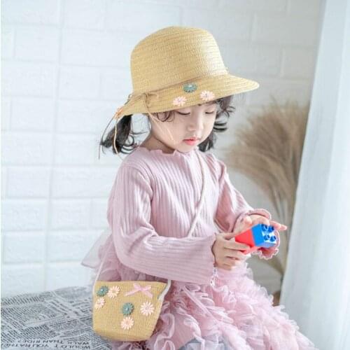 Summer child girls Casual straw hat and bags Sun hat Kids baby floppy Panama caps+handbags set for party holiday