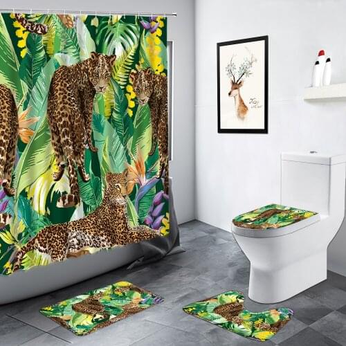 Tropical Plant Leaves Printed Shower Curtain Leopard Giraffe Zebra Birds Pattern Carpet Toilet Mats Anti-slip Mat Bathroom Decor