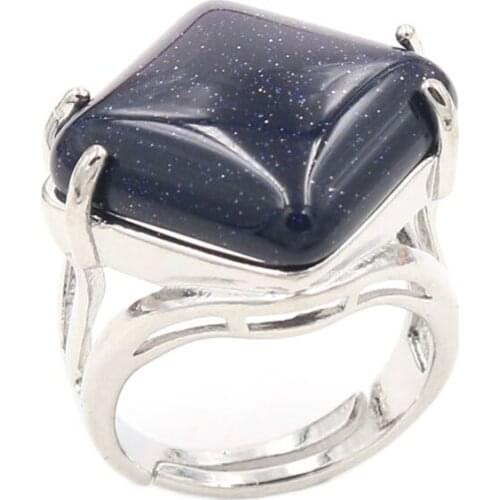 YJXP Silver Plated Rhombus Shape Blue Sand Stone Adjustable Finger Ring Engagement Jewelry