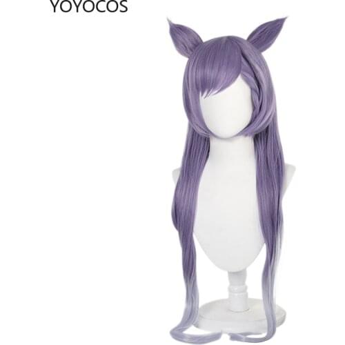 YOYOCOS Genshin Impact Keqing Wig Cosplay Purple Long Curly Ponytails Ears Horns Pigtails Heat Resistant Women Halloween Wig Cap