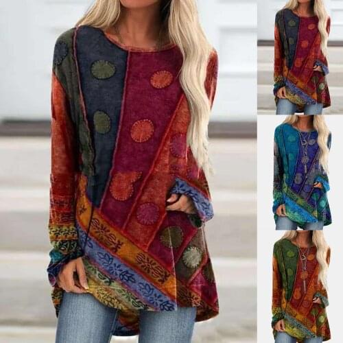 Retro Women Autumn Long Sleeve Ethnic Print Patchwork Loose T-shirt Blouse Top
