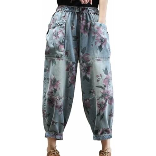 2020 Spring Fashion Chinese Style Harem Pants Ladies Floral Printed Jeans Women Oversized Denim Trousers Streetwear Ropa Mujer