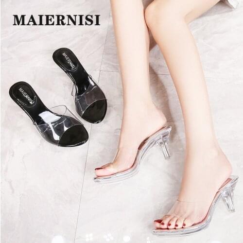 MAIERNISI Slippers Women 2020 Summer Crystal Mid-heeled Slides Female Transparent High Heels 6.5cm Casual Daily Shopping Shoes