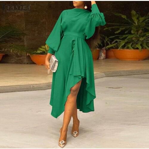 Stylish Asymmetrical Sundress ZANZEA Women Elegant Long Lantern Sleeve Office Dress Autumn Party Mid-calf Vestidos Robe Femme