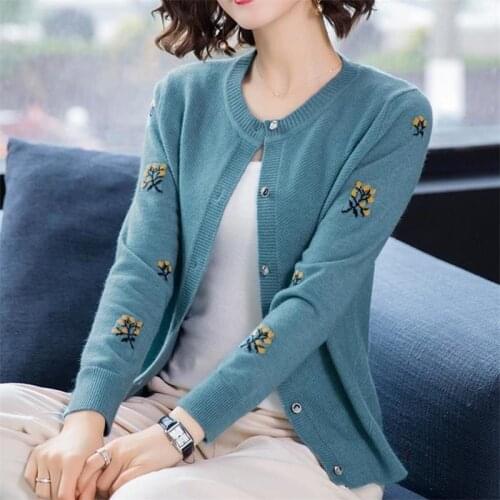 PEONFLY Spring Embroidery Cardigan Women Fashion Korean Chic Single Breasted O Neck Knitted Coat Sweater Sweet Woman Long Sleeve
