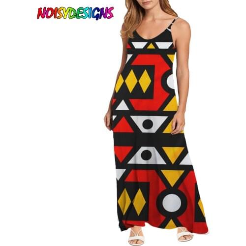 NOISYDESIGNS Summer Women Camisole Dress Sexy V-neck Dresses Geometry Ankara Print Sling Dresses Strap Long Dress Vestido Mujer