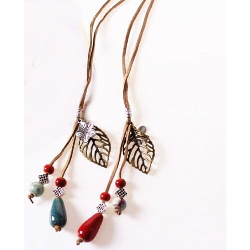 Fashion Leisure Alloy Flowers Leaf Ceramic Necklace Handmade Porcelain Beads Rope Chain Long Sweater Necklace For Women Girl