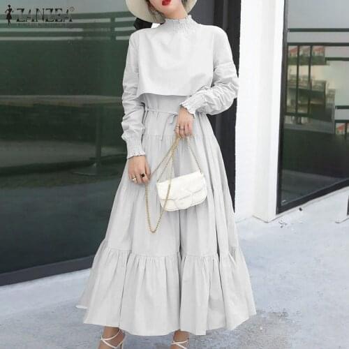 Womens Autumn High Collar Stitching Dress ZENZEA Elegant Maxi Robe Femme Casual Puff Sleeves Ruffle Vestidos Fashion Sundress