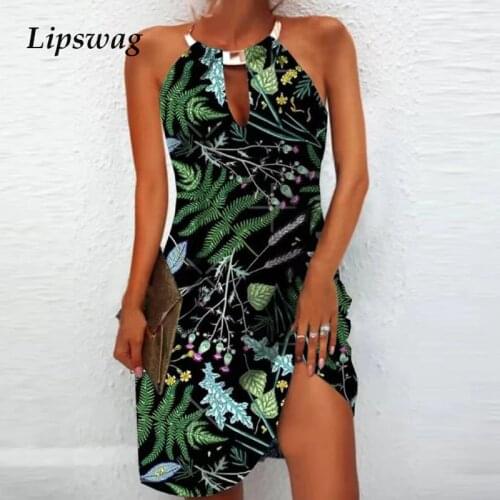 2021 Elegant Floral Print Women Halter Mini Dress Vintage Iron Chain Hollow Out Party Dress Casual Sleeveless Summer Beach Dress