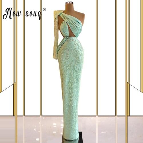 Glittery Green Mermaid Evening Gown One Shoulder Beaded Formal Prom Dresses African вечернее платье Longue Robes Pageant