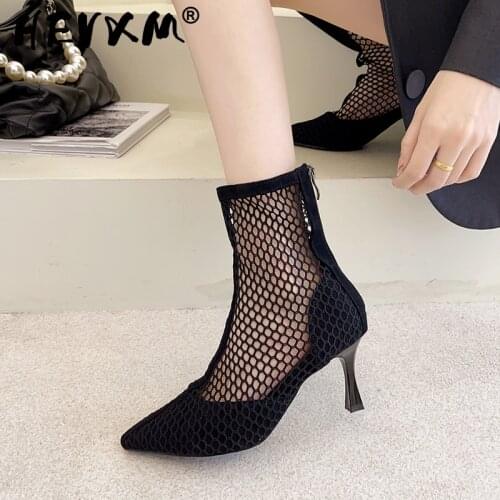 Summer Women High Heels Sexy Fishnet Ankle Boots Heels Suede Heels Pointed Toe Cool Sandals Boots Thin Heels Women Casual Shoes