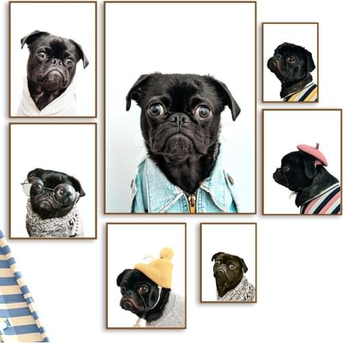 Black Fashion Pug Glasses Hat Nordic Posters And Prints Wall Art Canvas Painting Animal Wall Pictures For Baby Kids Room Decor