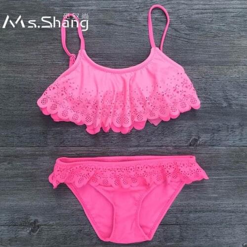Ms.Shang 2018 Pink Children Swimwear Girl Swimsuit Kids Swimming Suit Girls Bikini Set Hollow Out Baby Bathing Suit 7-14 Years