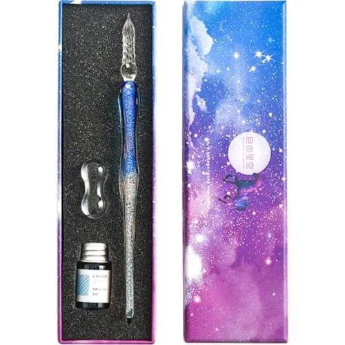 Crystal Starry Sky Glass Ink Pen Glass Dip Pen For Writing Fountain Pen Set Gift U4LD