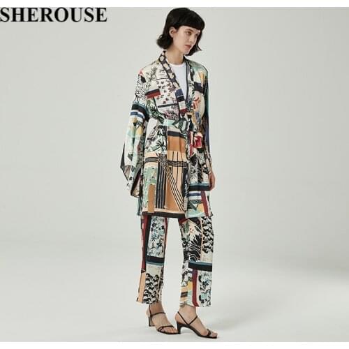 2021 New Women Printed 2 Pieces Set Bow Sashes Shirt Oversized Blouse Long Trousers Suit Pajamas Women Outfit Pants Sets