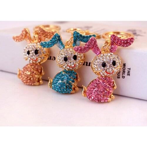 Creative Cute Crystal Colorful Glass Cartoon Bunny Keychain Metal Colorful Crystal GlassPendant Female Bag Keychains Keyholder