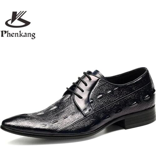 Men dress shoes genuine leather black italian fashion brand lace up business oxford shoes 2020