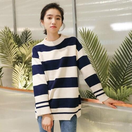 Soft Sweater Women Striped Knitted Pullovers Autumn Winter Student Loose Retro Chic Sweaters Girl Long Sleeve Casual Tops H9411