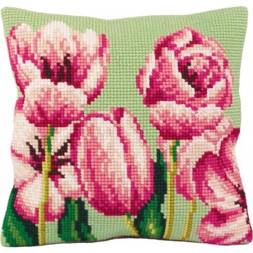 DIY Cross Stitch Cushion Front Tulips Flowers Needlepoint Kits Printed Canvas Chunky Yarn Cross-stitch Pillow Case Arts & Crafts